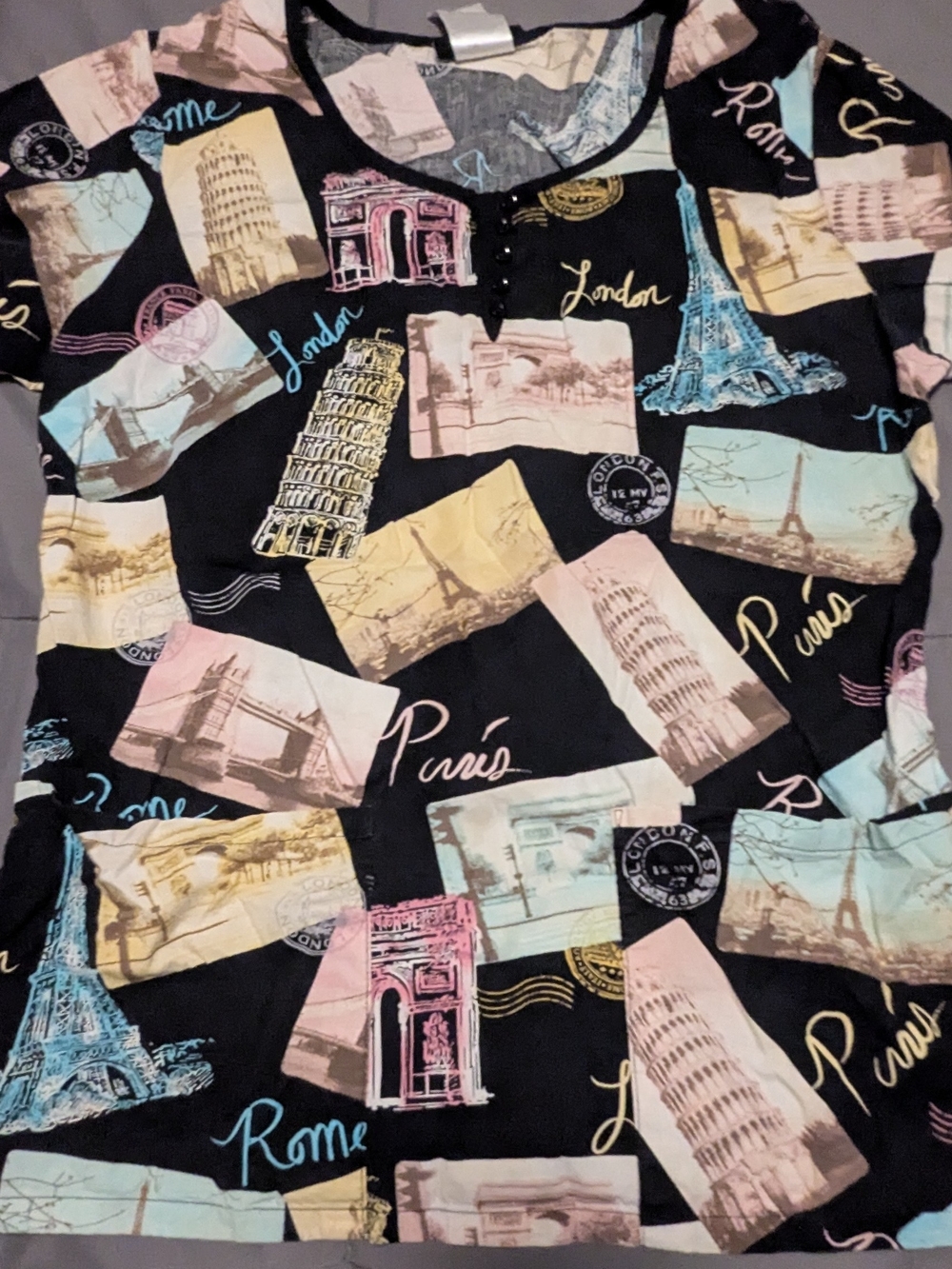 Black Travel-Print Short Sleeve Scrub Top with Pastel Accents
